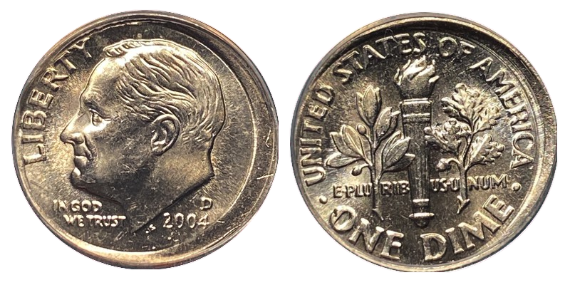 United States: copper-nickel clad Roosevelt dime, 2004-D,